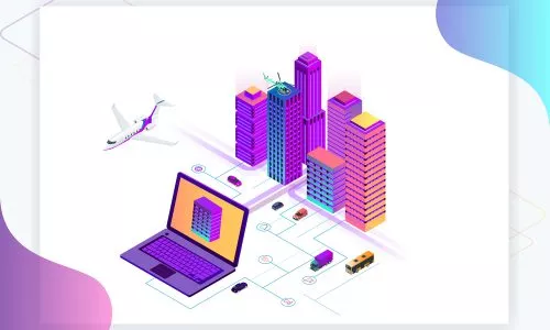 Isometric Modern city. Concept website template. Smart city with smart services and icons, internet of things, networks and augmented reality concept.