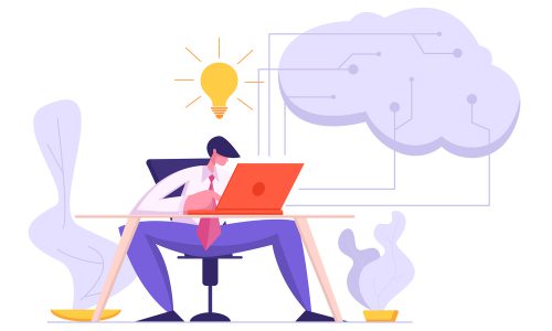 Software Developer Coding with Laptop. Artificial Intelligence, Digital Mind Concept with Male Character Project Manager Programming Website. Vector flat cartoon illustration