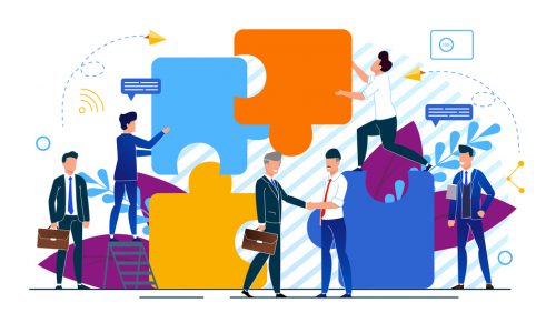 Horizontal Vector Illustration Office Situation. Businessmen make Partnership Deal. Business Agreement Between Entrepreneurs. Men in Business Suits Assemble Puzzle. Meeting People.