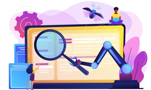Laptop and software assisting in testing process, tiny people testers. Automated testing, automotive executed test, software auto tester concept. Bright vibrant violet vector isolated illustration